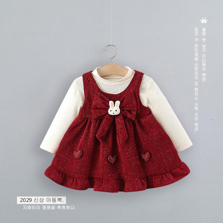 Children's Dress Set Autumn New Style Girls' Princess Dress T-Shirt Cartoon Vest Dress Two-Piece Set 5276