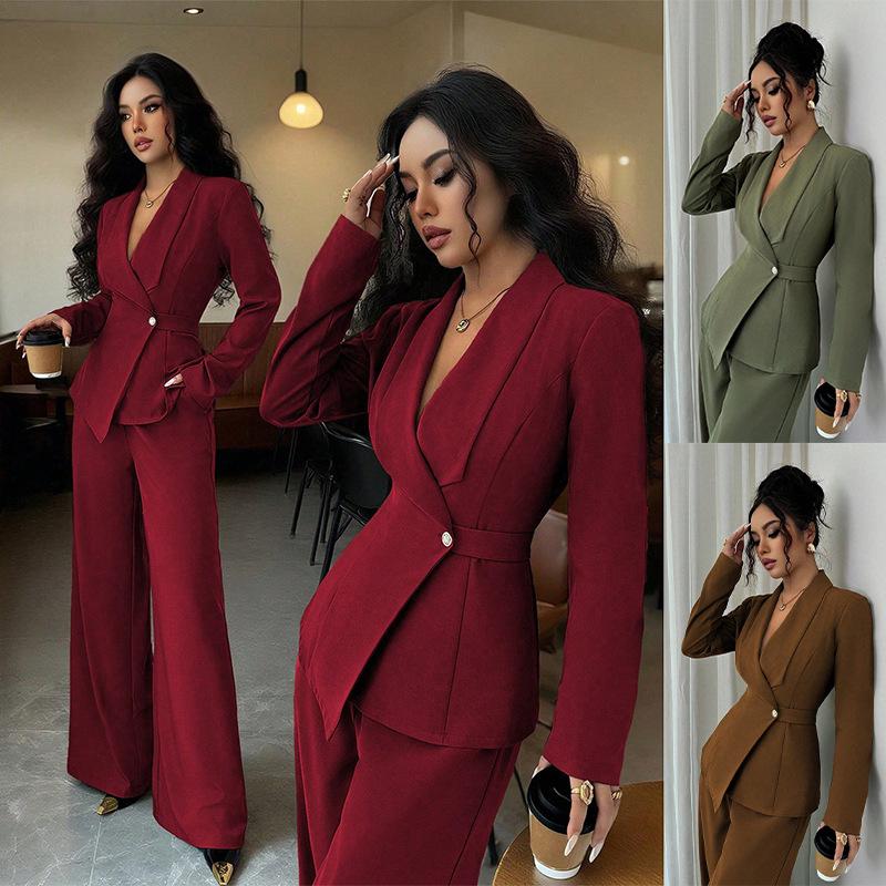 2026 Autumn Collection: Cross-Border European and American Women's Outfit, Elegant and Fashionable Long-Sleeve Blazer with Straight-Leg Pants, Two-Piece Set