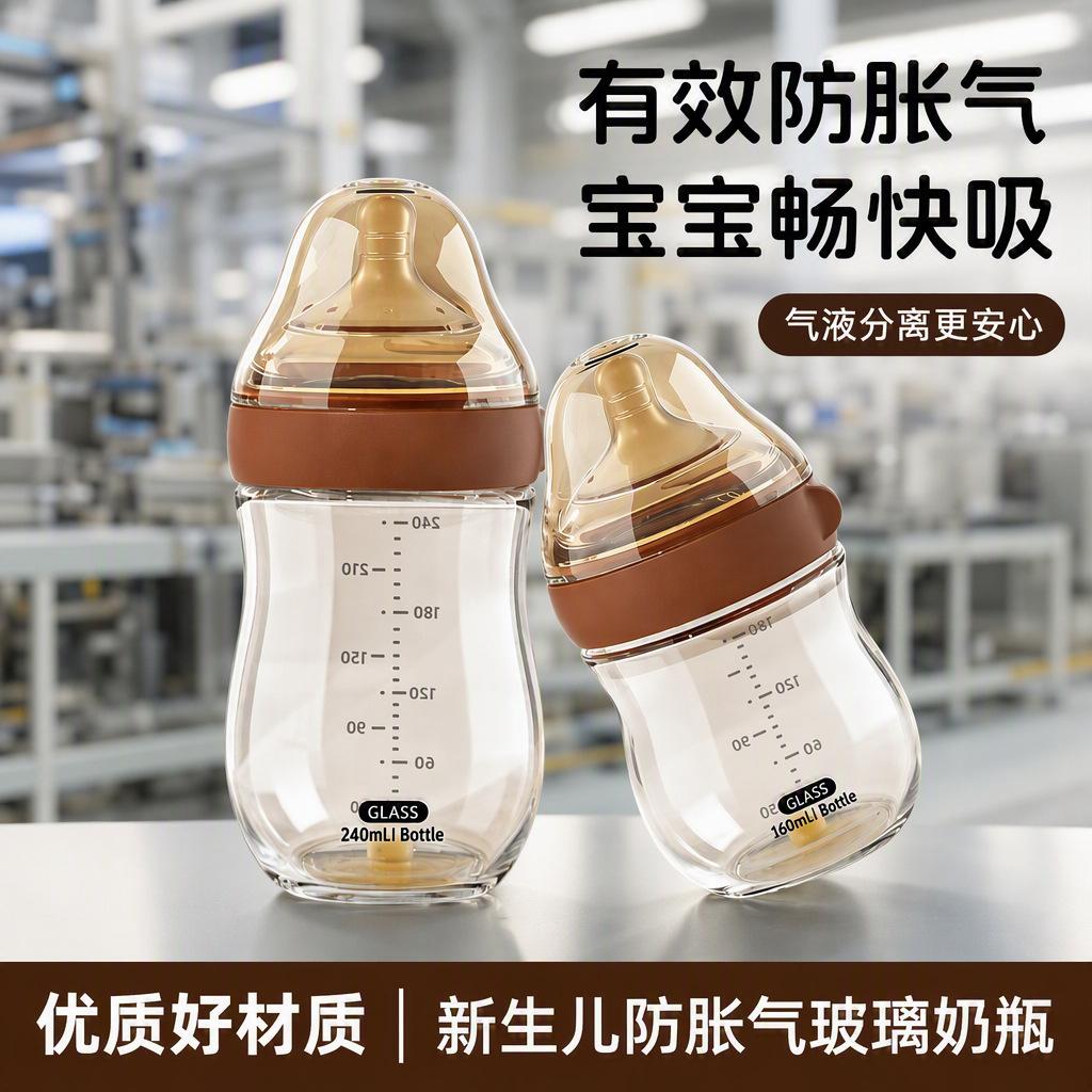 Baby Glass Feeding Bottle, Anti-Flatulence, Anti-Choking, Imitation Breast Milk, High Borosilicate, High Temperature Resistant, Wide Mouth, Anti-Spitting