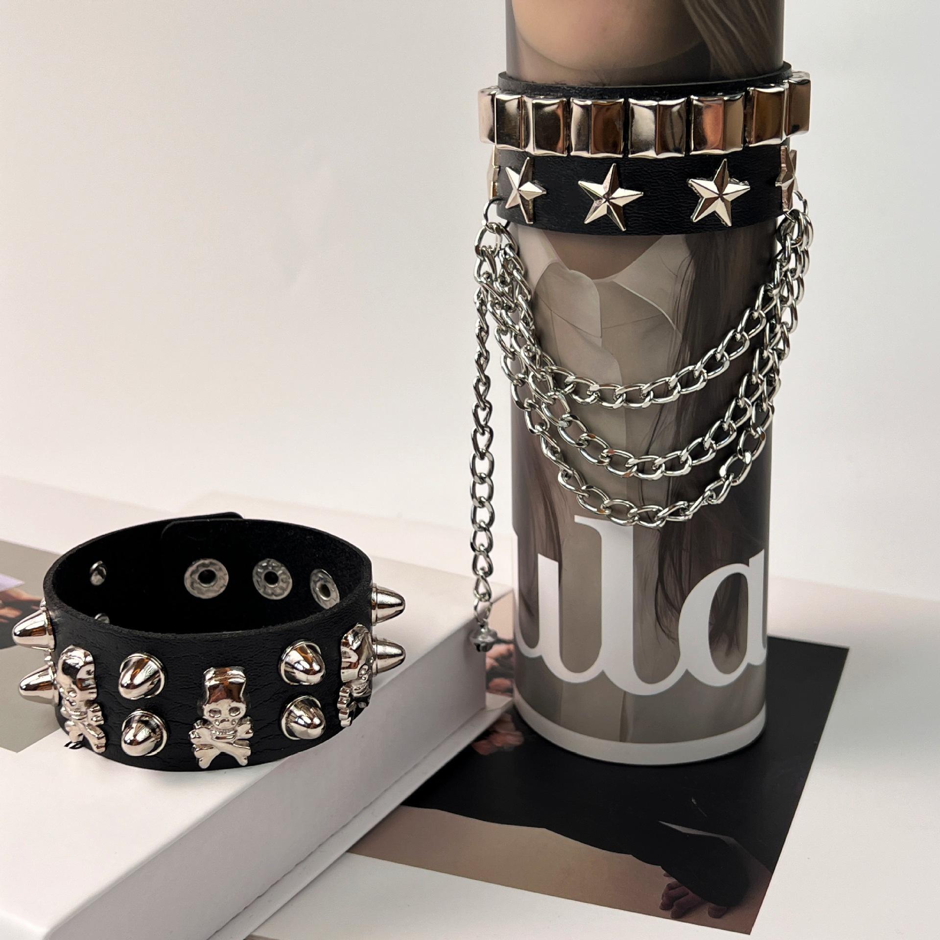 Japanese and Korean New Motorcycle Punk Pu Leather Rivet Bracelet Personalized Skull Street Dance Bracelet Accessories Hip-Hop Bracelet Jewelry