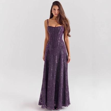 New Style Spaghetti Strap European and American Style Sheer Formal Dress for Women with Floral Lace Appliqué Long Ball Gown