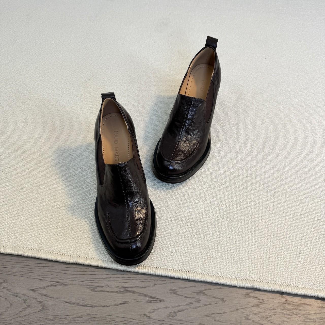 Sheepskin Version~British-Style Simple Silent Slip-On High-Heeled Loafers for Women, Retro Commuter Leather Shoes with Chunky Heels