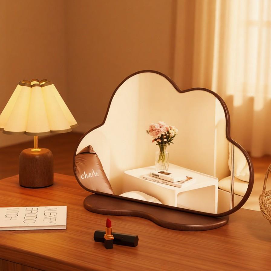 Vintage Cloud-Shaped Makeup Mirror for Home Use, Dressing Table Mirror, Bedroom Desktop High-End Solid Wood Retro Vanity Mirror