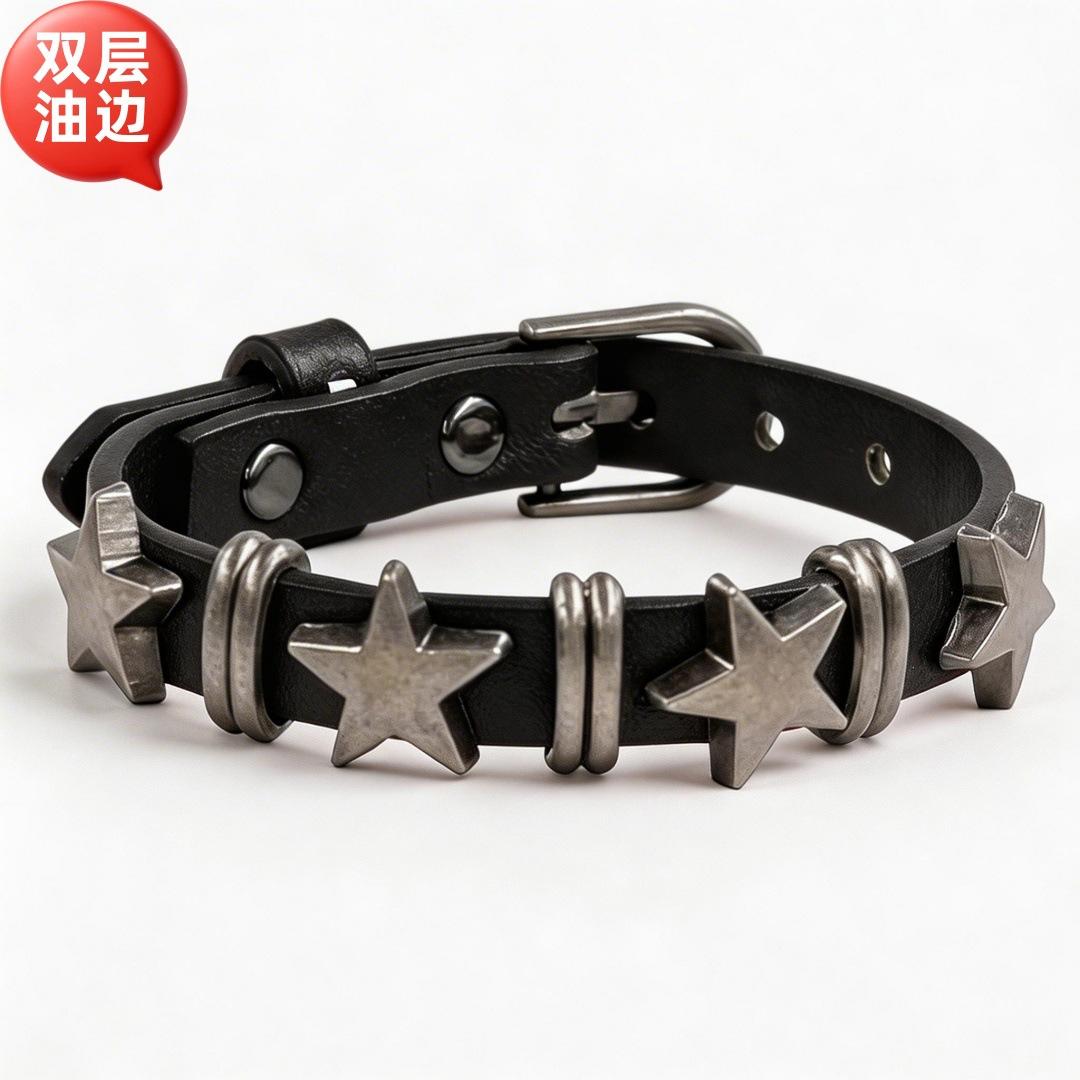 European and American Retro Soft Leather Star Leather Bracelet, Adjustable Rivet Subculture Alloy Bracelet for Men and Women Couples