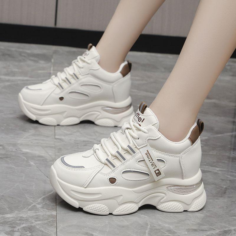 Women's Shoes 2025 New Height-Increasing Spring and Autumn Versatile White Shoes Soft Leather Height-Increasing Sports Thick-Soled Casual Dad Shoes for Women
