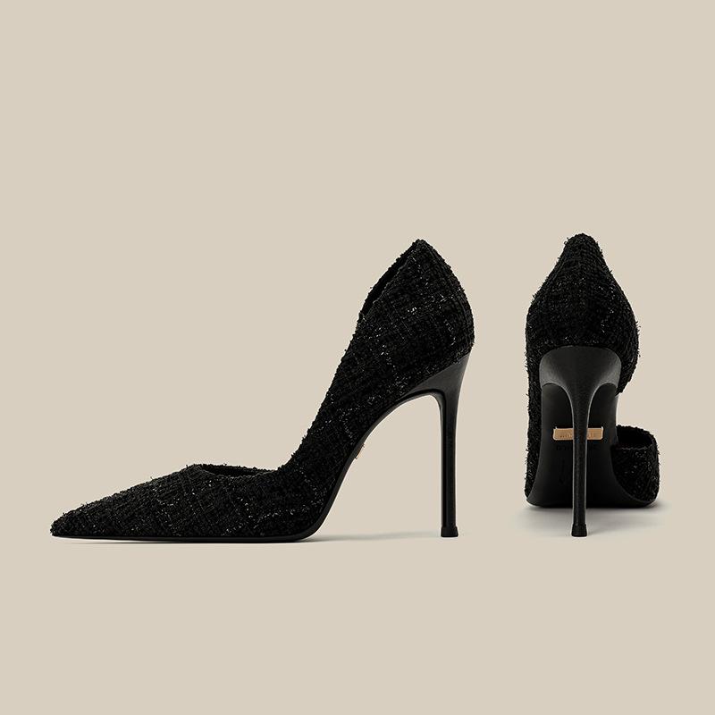 Black Side Hollow High Heels New 2024 Versatile Elegant Socialite Formal Interview Work Shoes Not Tiring Feet with Skirt