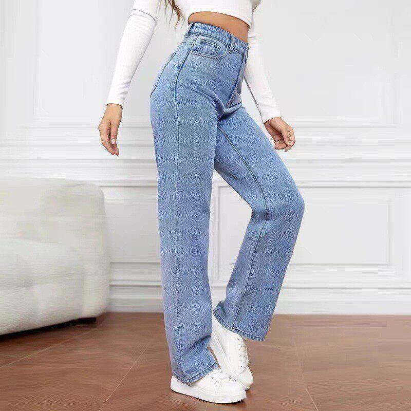Plus-size European and American light-colored high-waisted women's jeans, washed vintage loose wide-leg large-size straight pants