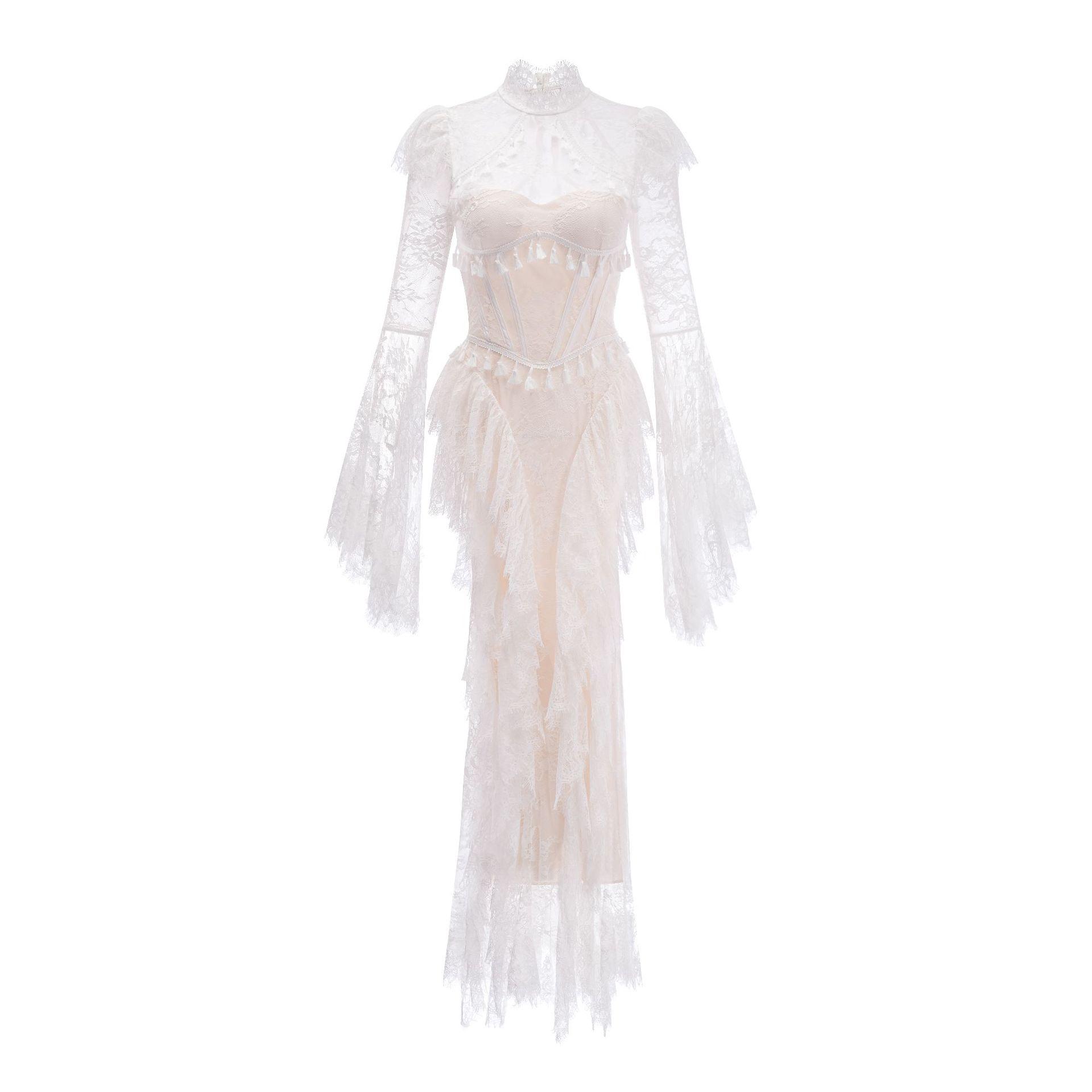 Cross-Border Style Light Wedding Dress with Fishbone Shaping, Waist-Cinching, Backless Lace, Flared Long Sleeves, Bridesmaid Gown