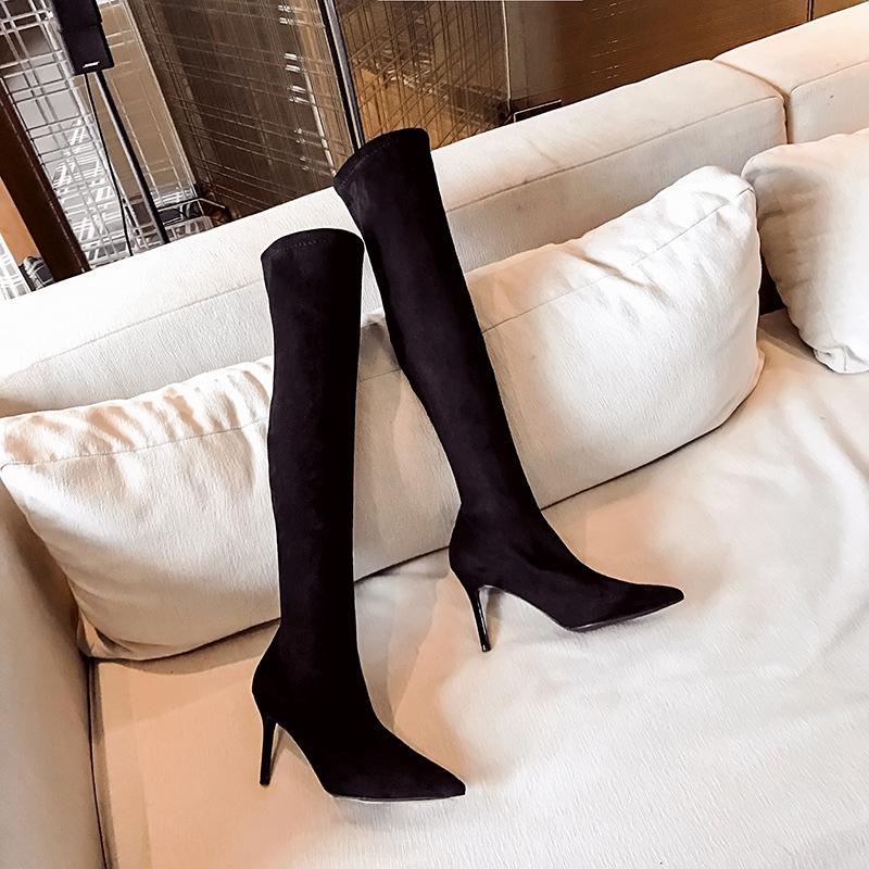 2025 New Autumn and Winter New Spot Over-The-Knee Boots That Do Not Fall Off, Black Suede Slimming Look Pointed Toe Stiletto High Boots for Women
