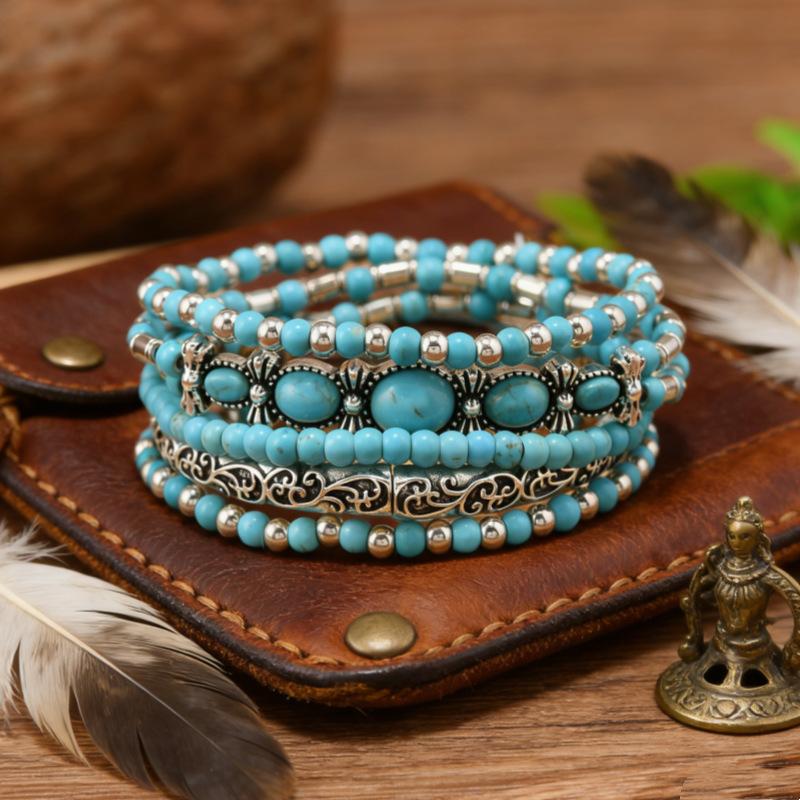 5-Piece Set of Western Cowboy Retro Cross-Border Turquoise Series Fashion Elastic Rope Bead Bracelets Suitable for Men and Women