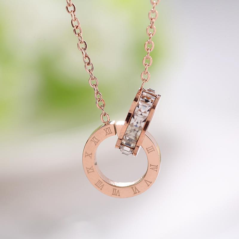 Korean style simple student artistic Mori Roman Digital full diamond pendant 18K rose gold titanium steel clavicle necklace for women