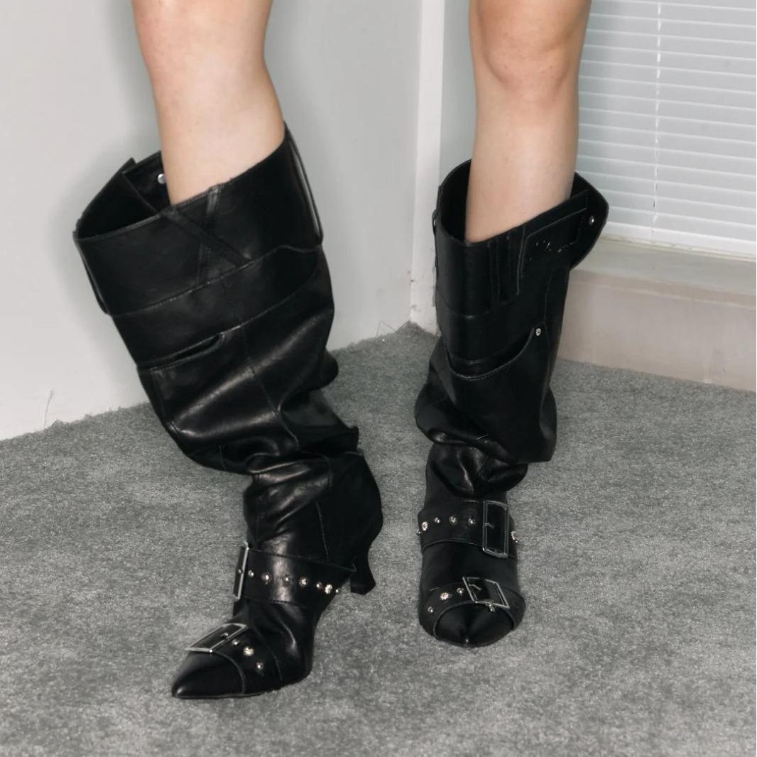Pointed Toe Metal Buckle Large Tube Pile Boots Retro Western Cowboy Boots Small High Heel Knight Boots Sexy Boots for Women