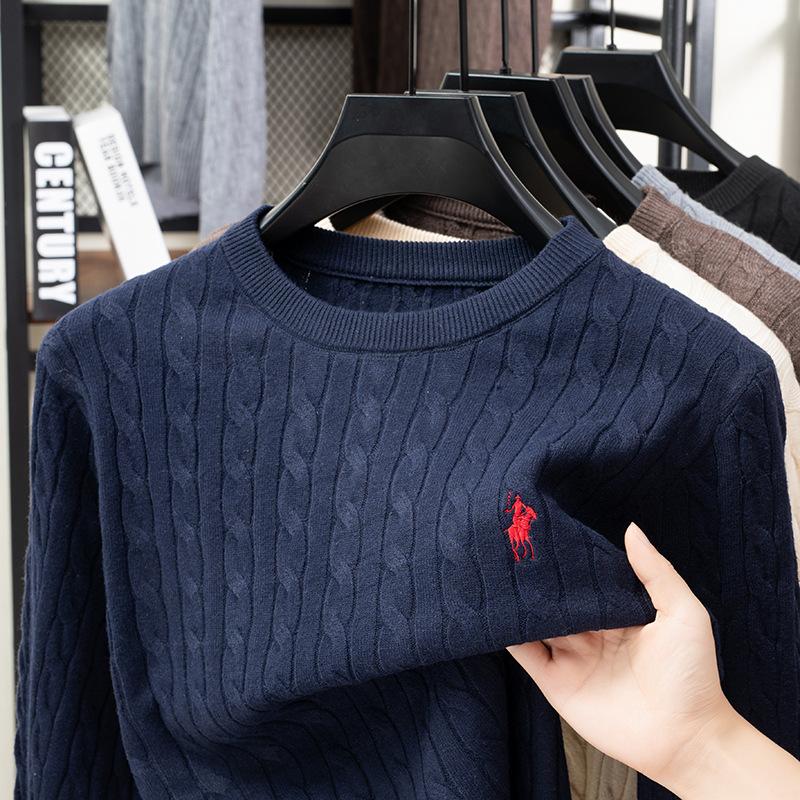 Cross-Border High-End Twisted Pattern Men's Knitwear, Round Neck Autumn and Winter Sweater with Pony Embroidery, Casual Versatile Men's Sweater Wholesale