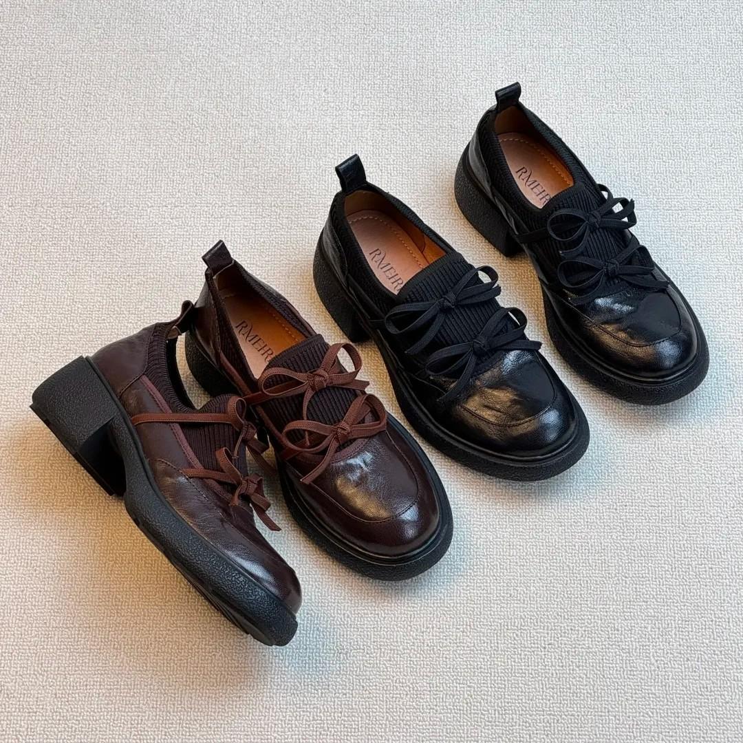 Soft leather version~ Bowknot thick-soled round-toe chunky heel loafers for women, niche fashion, casual and stylish small leather shoes for commuting