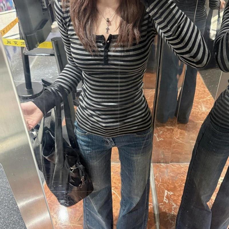 Manufacturer Wholesale Autumn and Winter Yarn-Dyed German Velvet Striped U-Neck Long-Sleeve T-Shirt for Women, Slim Fit, Regular Shoulder, Slimming, Sexy Hot Girl Top