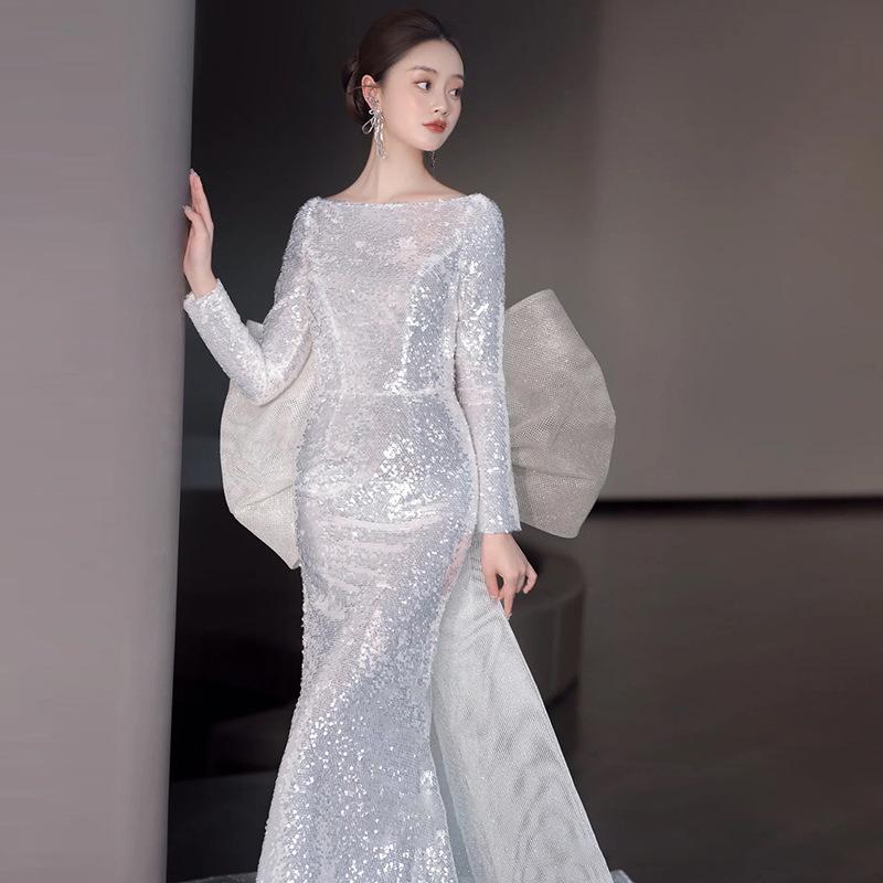 Long-sleeved evening dress dress light luxury niche dignified toast annual meeting host sequins fishtail bride light wedding dress women