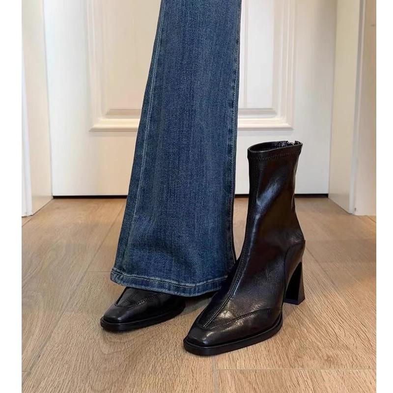 Short Boots for Petite Women, High-Heeled Square-Toe Slim Boots, Short Boots for Women, Chunky Heel Retro Martin Boots, British Style Short Boots