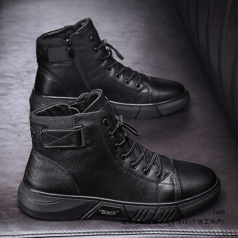 Men's Martin boots, new autumn collection, high-top leather shoes, fleece-lined and thickened, new style, trendy black leather boots for men