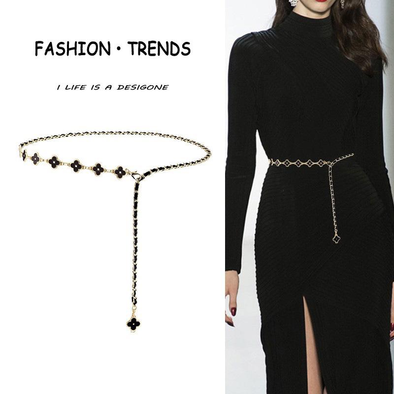 Fragrant Style Waist Chain Accessories Women's Summer Metal Four-leaf Clover Two-sided Available Splicing Chain All-match Thin Chain Belt Pants Chain