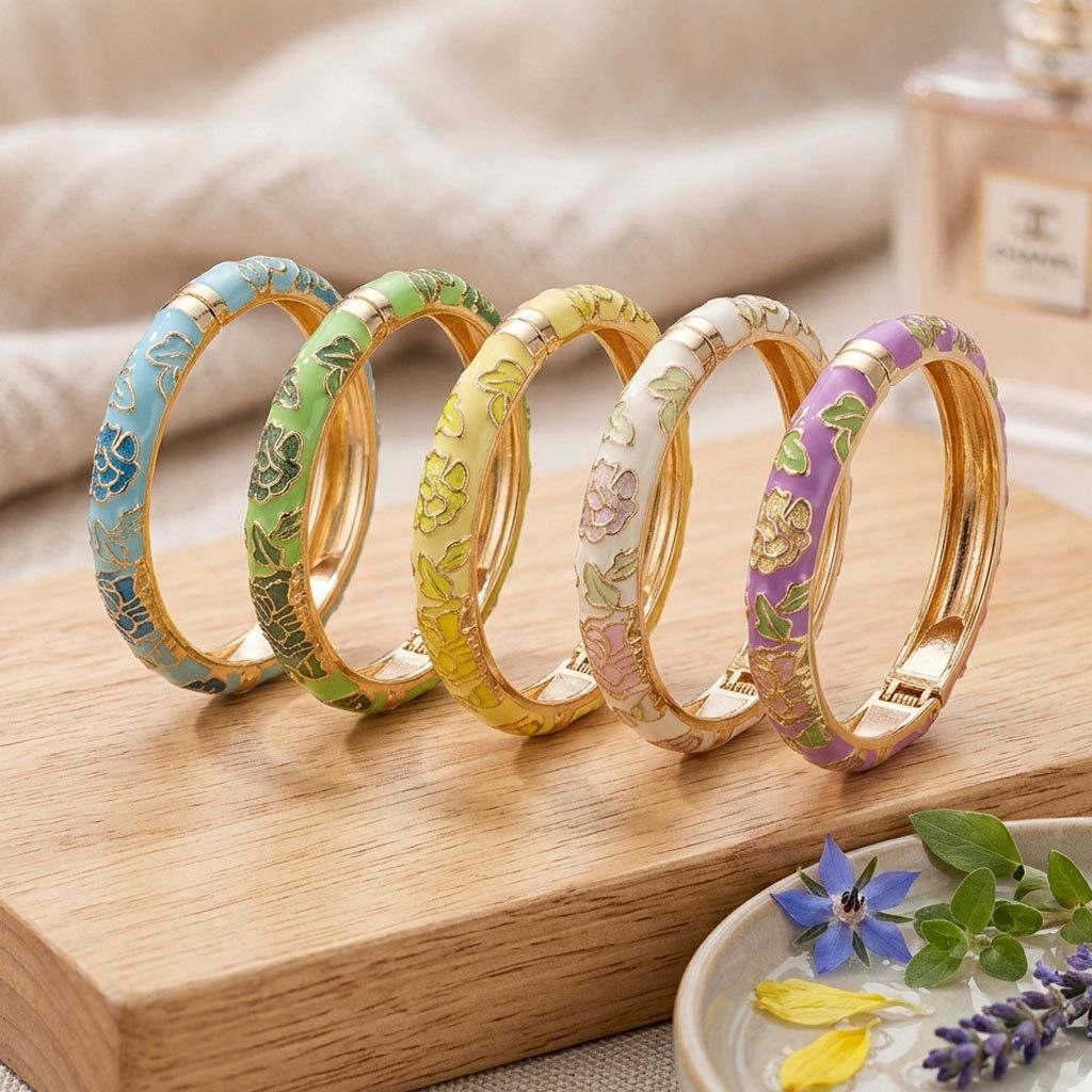 Chinese Style Travel Gift Colorful Enamel Spring Open Bracelet Peony Cloisonné Women's Vintage Enamel Bracelet