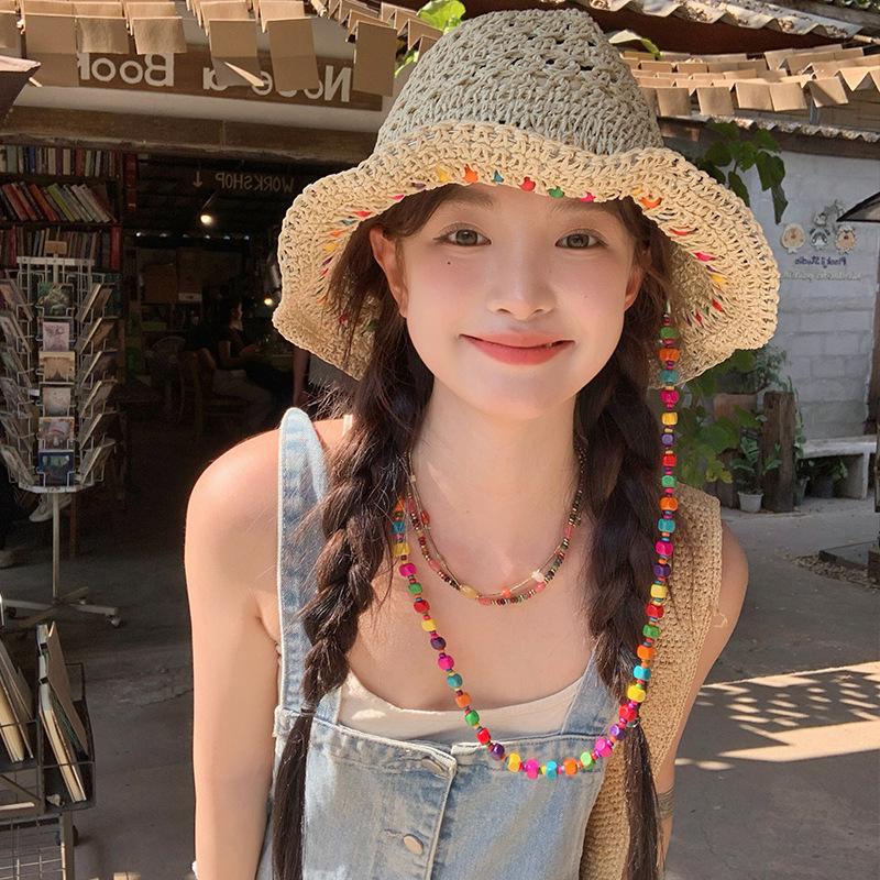 New Hyuna Style Colorful Beaded Summer Straw Hat for Women at the Beach, Large Brim Sunshade and Sun Protection Hat, Fisherman Hat, Foldable Hat
