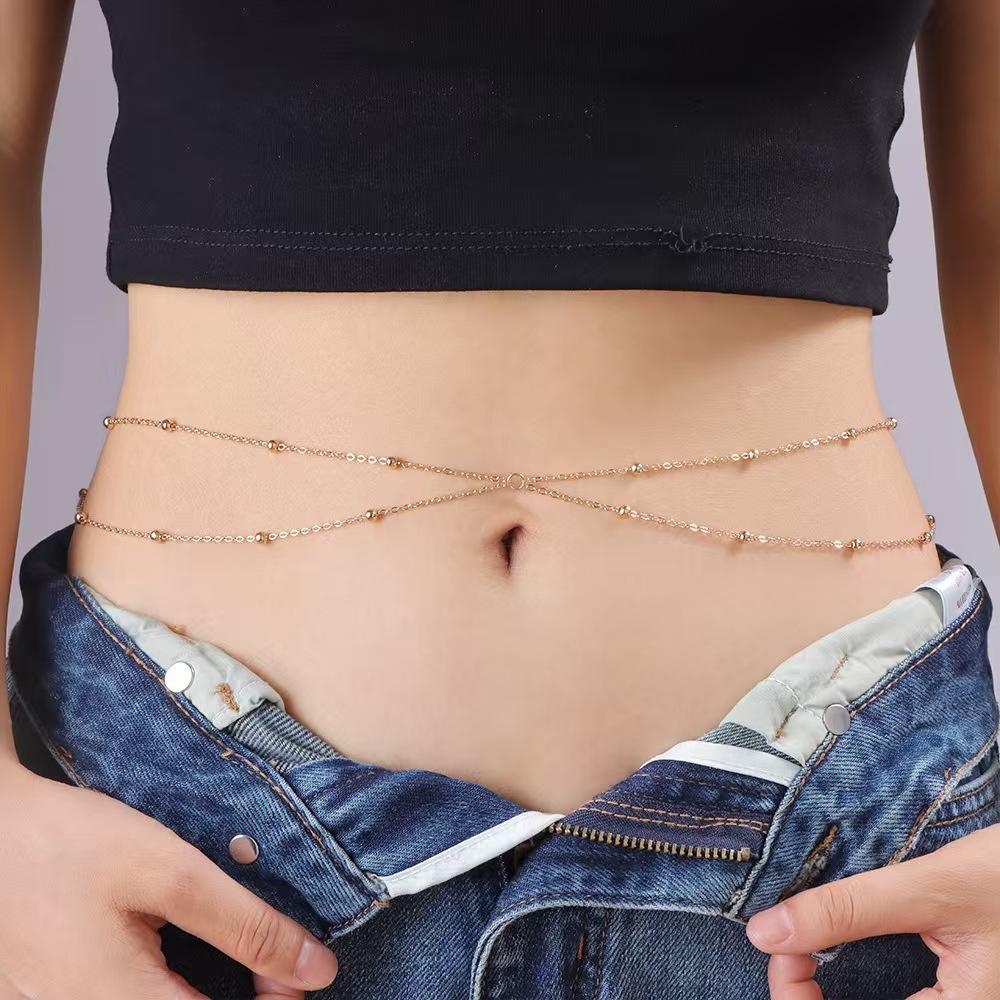 European and American Cross-Border Fashion Accessories, Stylish Street Style Round Bead Chain, Stackable Sexy Belly Chain for Women, Popular Versatile Copper Bead Chain Waist Chain