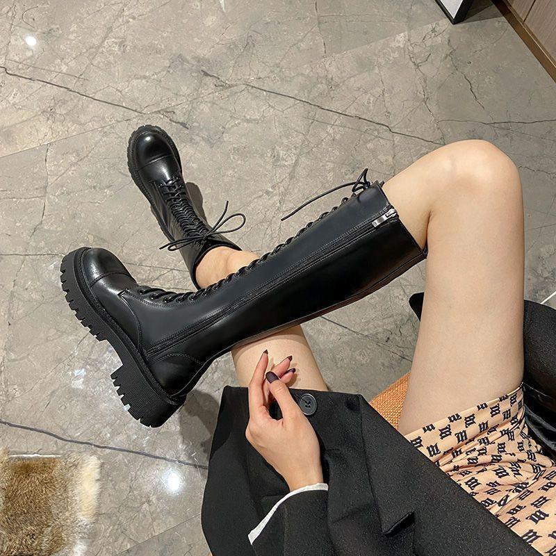2025 New Thick-Soled Knight Boots Women's Boots British Style Big-Toe High Boots No-Knee Lace-Up Boots Wholesale