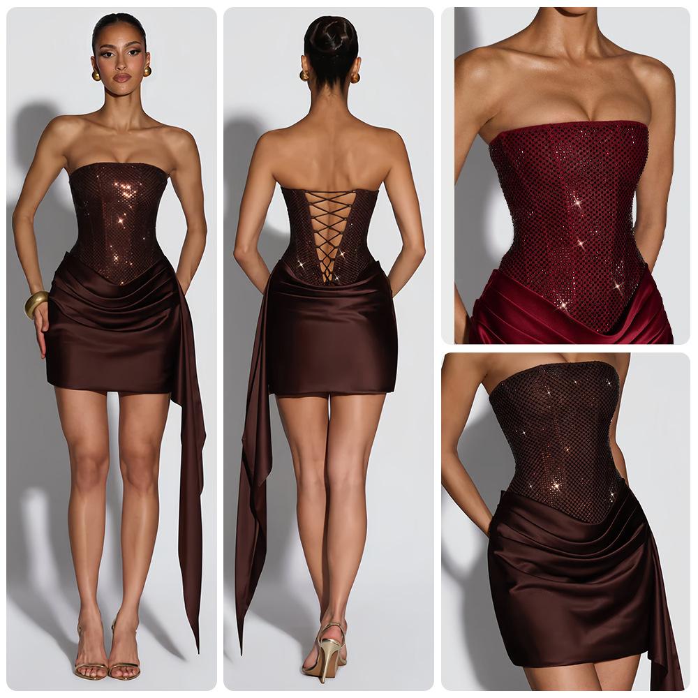 European and American Style Strapless Dress with Rhinestones, Satin Asymmetrical Short Skirt, Party Nightclub Tight-Fitting Elegant Gown