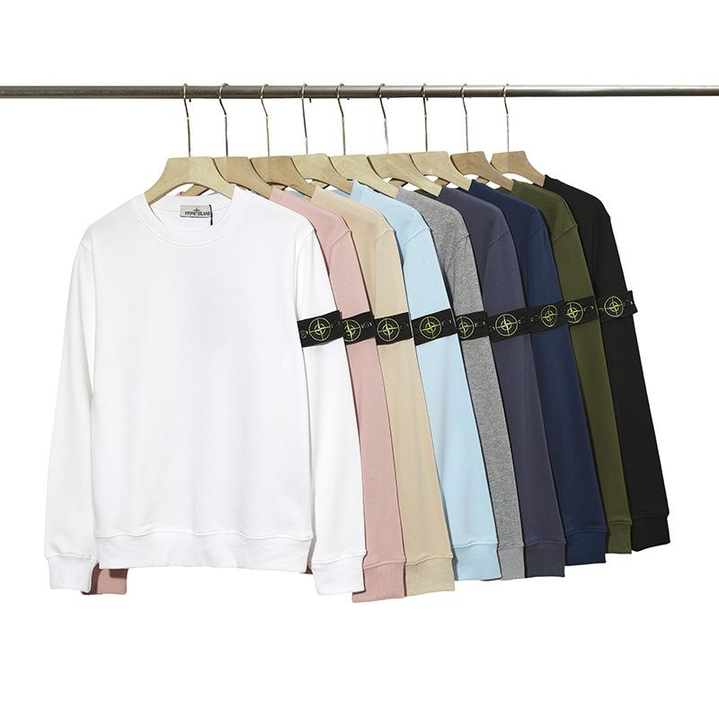 Cross-border foreign trade Stone Compass embroidered solid color round neck logo long-sleeve sweatshirt, pure cotton, loose fit for couples