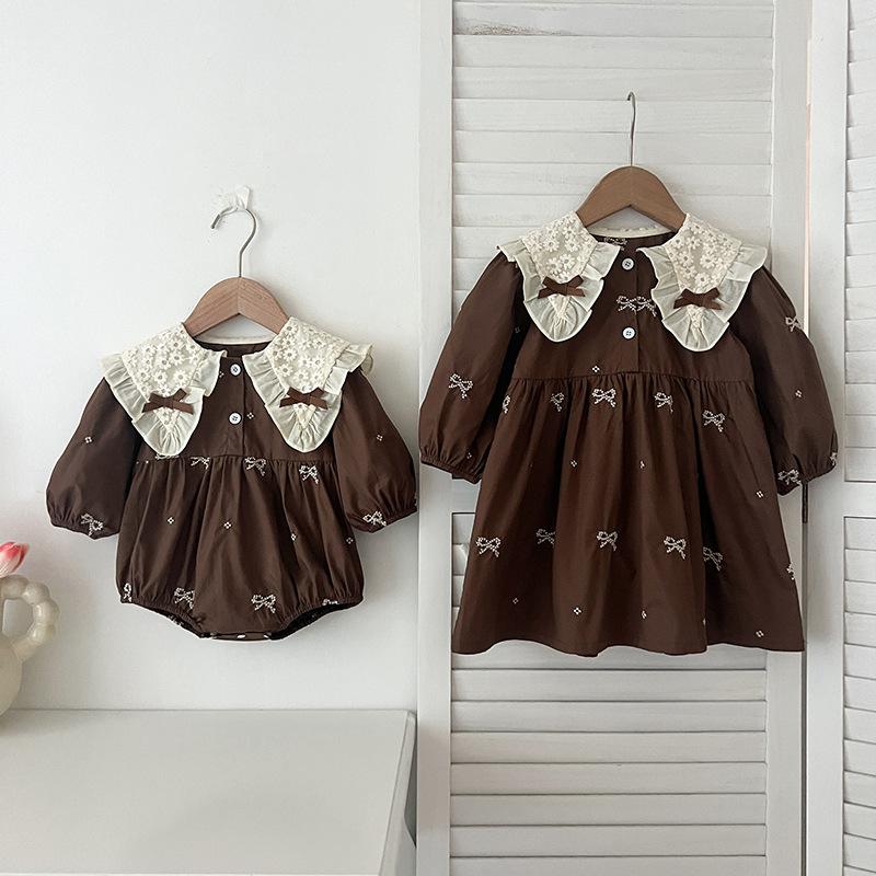 Korean-style Baby's Jumpsuit Spring and Autumn Long-sleeved Harper Bow Embroidered Baby Girl Princess dress Sisters