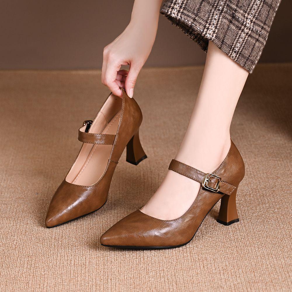 Comfortable One-Strap Shallow Pointed Toe Retro High Heels for Women 2026 Spring New Style Soft Leather Versatile Chunky Heel Single Shoes for Women