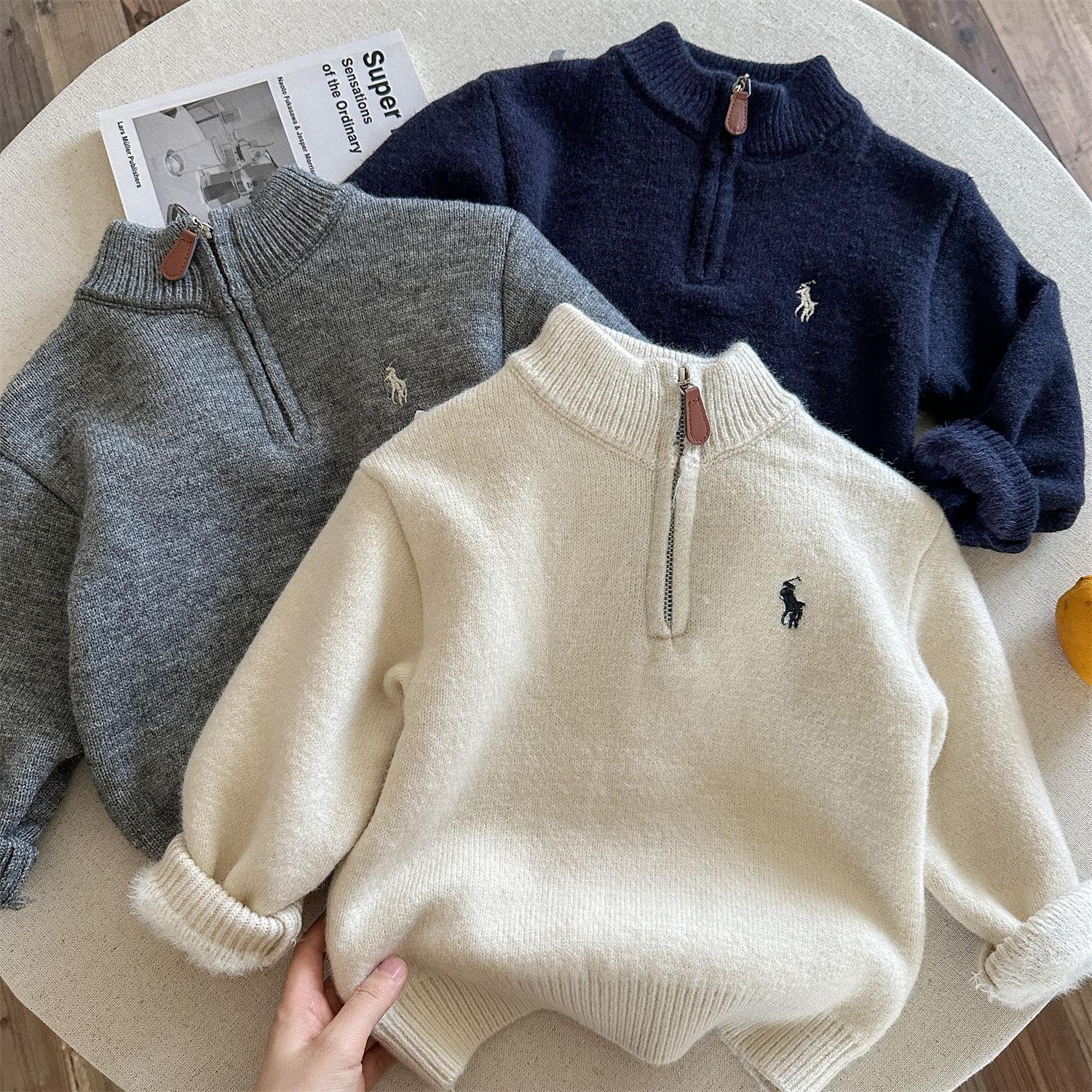 Children's Fleece Knitwear Winter Embroidered Half Turtleneck Knitwear for Boys and Girls Baby Zipper Wool Pullover Thick Cross-Border
