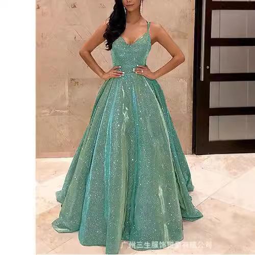 European and American Cross-border Foreign Trade Fashion Sling Sling Sling Flash Banquet Activities Atmospheric Slim Long dress Evening Dress