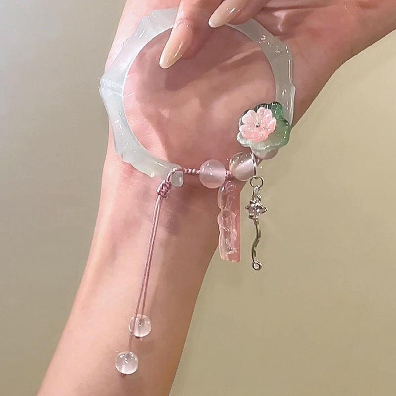 New Chinese Style Lotus Leaf Pink Lotus Bamboo Bracelet Women's Fashion Sweet Retro Tassel Temperament Bracelet Bracelet