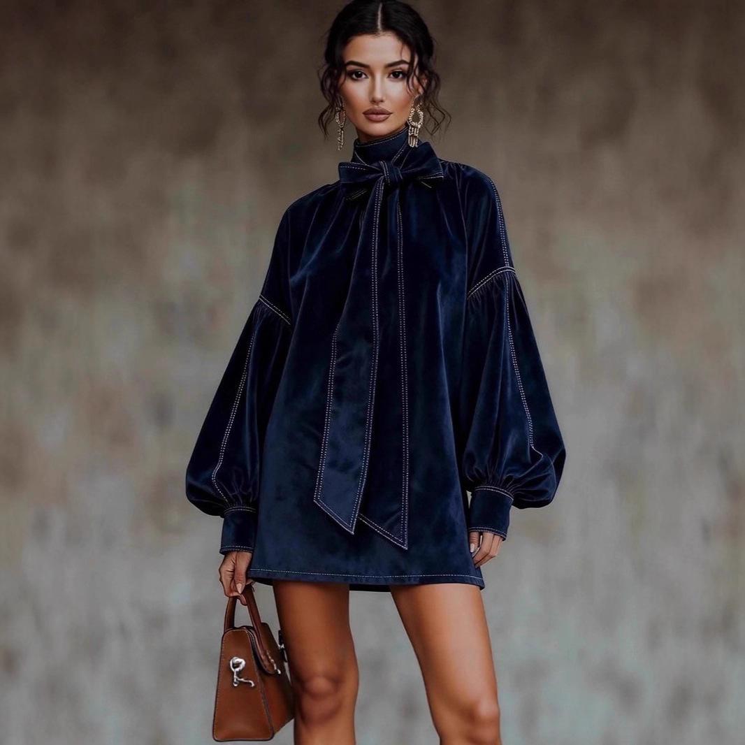 Women's Western Retro Style Autumn and Winter New Suede Dress 2025 European and American New Style High Collar Bow Tie