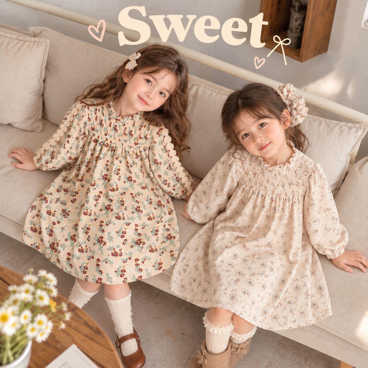 Korean Style 2026 Spring and Autumn Sweet Floral Dress for Baby Girls, Ruffled Chic Princess Dress with Puff Sleeves
