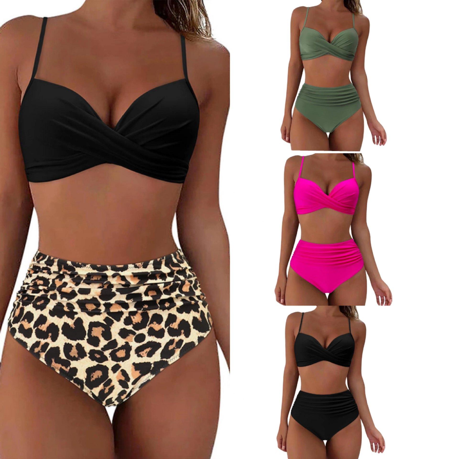 2024 European and American Bikini Set for Women, High-Waisted, Solid Color, Printed, Push-Up, Two-Piece Swimsuit, Exclusively for Cross-Border Sales