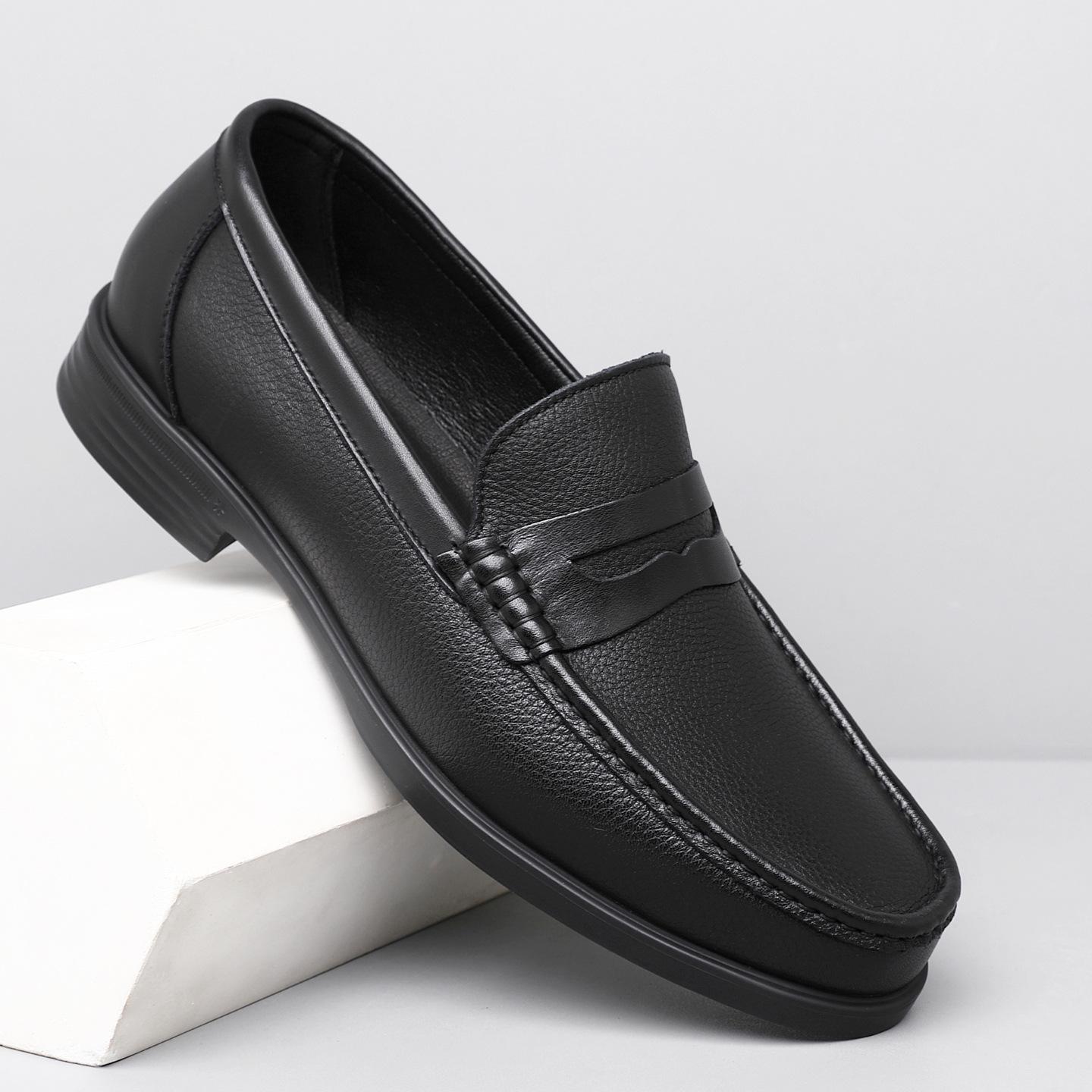 Penny Loafer Business Casual Leather Shoes with Pebbled Texture, Lightweight Soft Cowhide, Low Heel Men's Shoes, Large Size