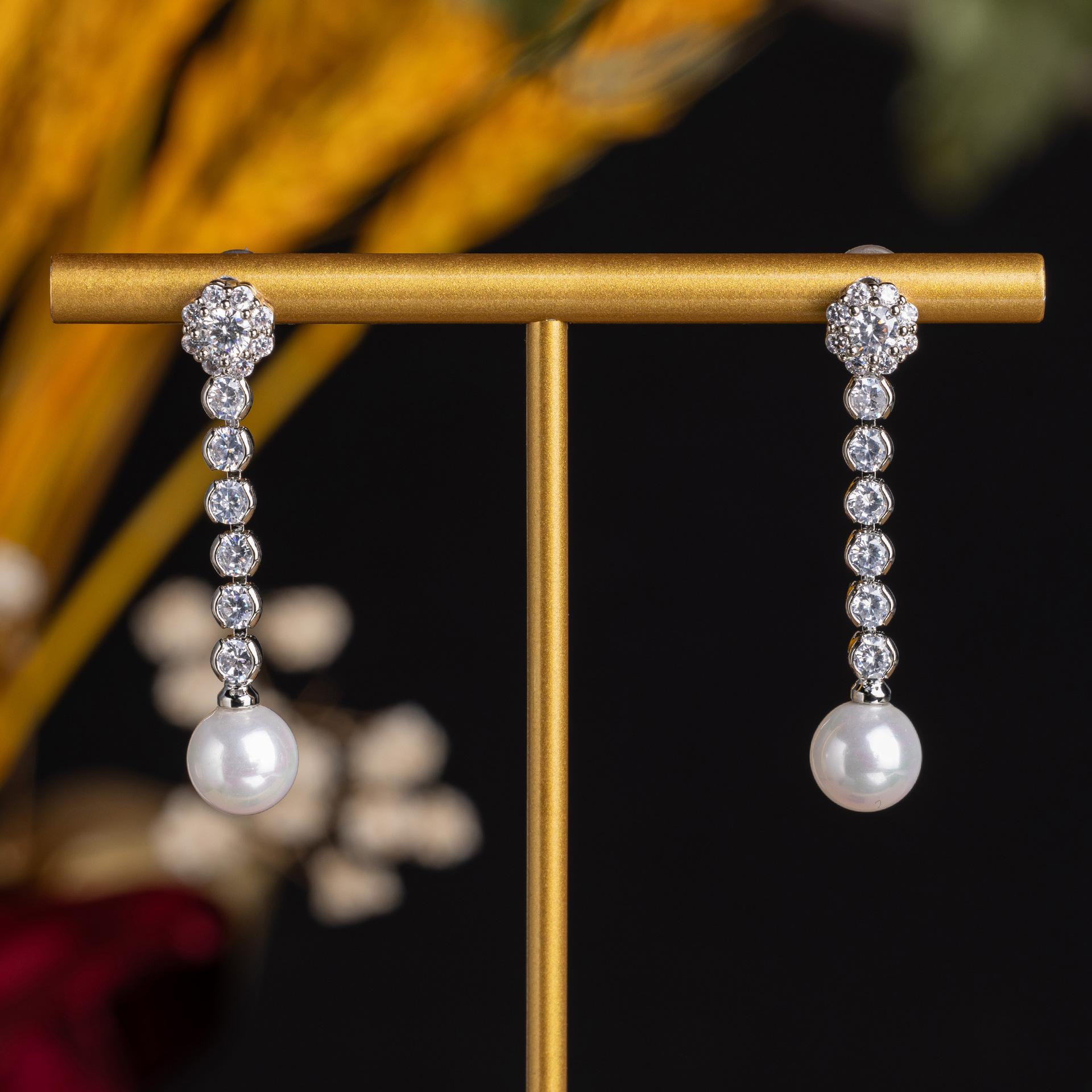 European and American Jewelry Bridal Earrings Ins Daily All-match Earrings Long Pearl Earrings Light Luxury Zircon Earrings