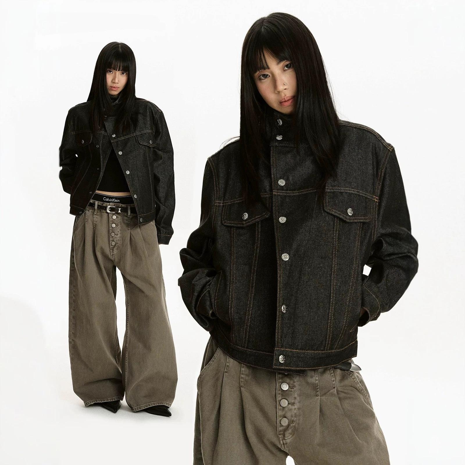 American-style trendy denim jacket with a black stand-up collar, suitable for spring and autumn, featuring a stylish asymmetrical placket and a structured, short design for women