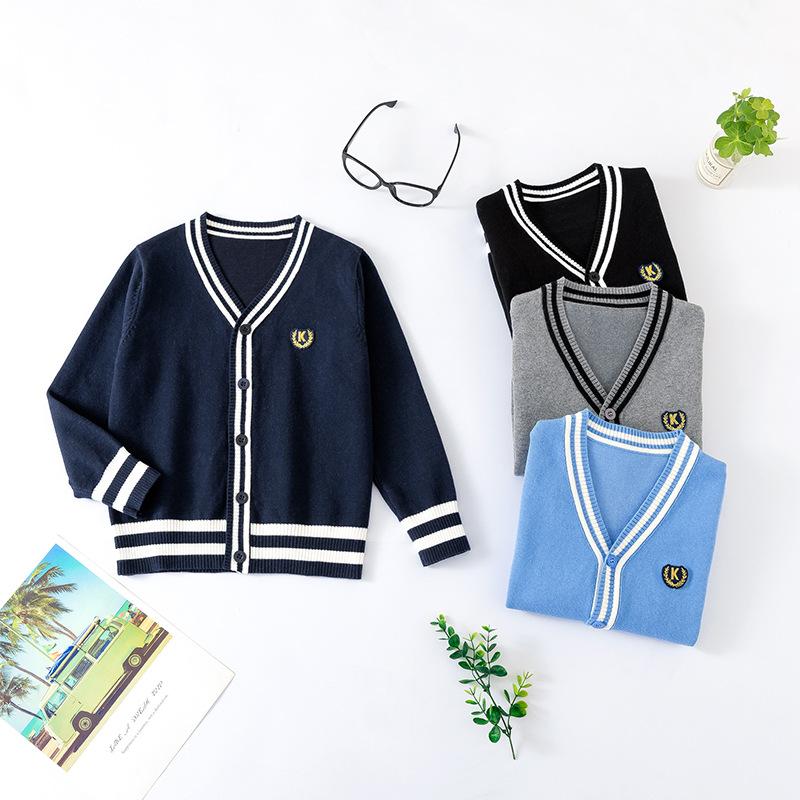 Boys and Girls Knitwear Cardigan Autum New Korean Style Baby Knitwear V-Neck Preppy Top Children's Clothing School Uniform Wholesale
