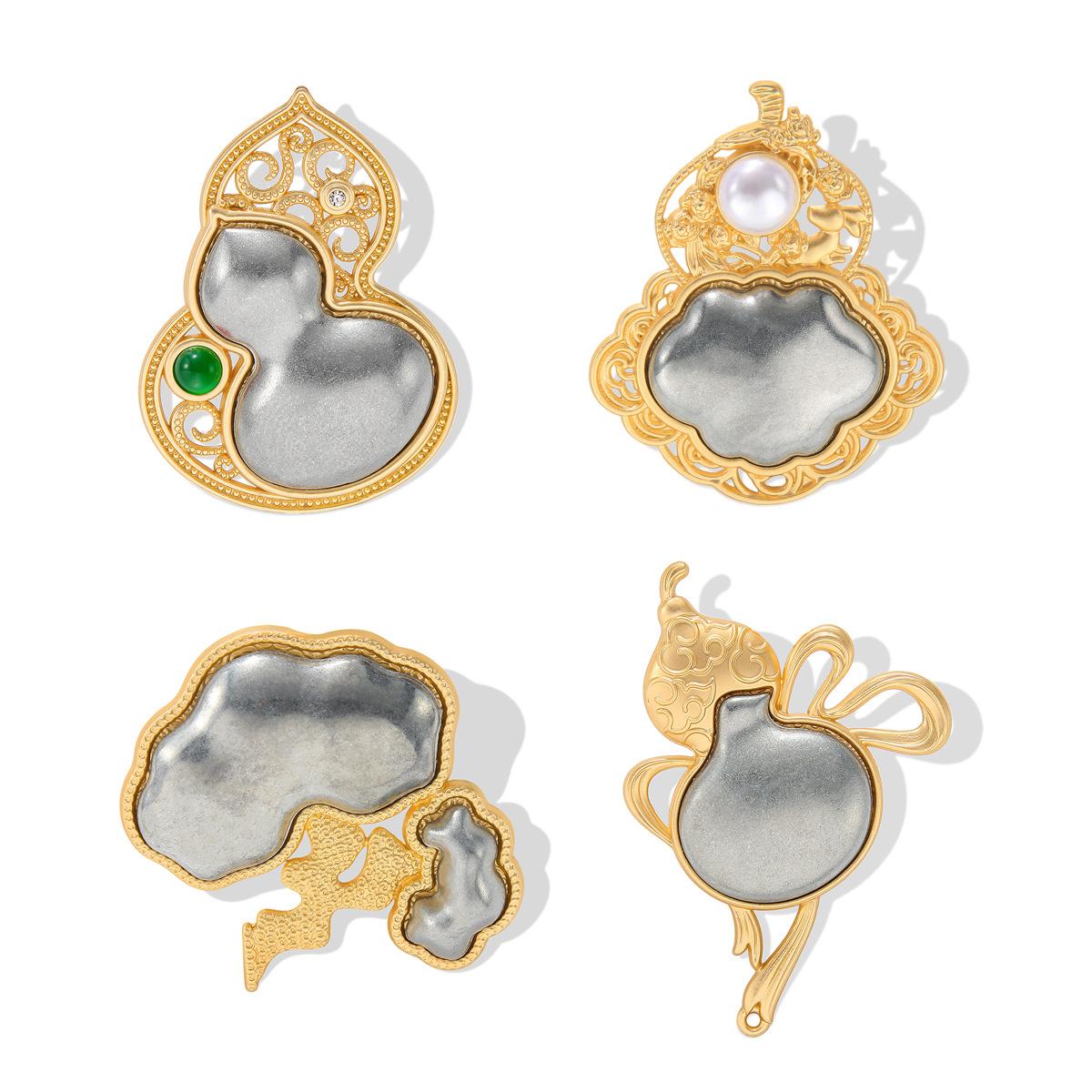 New Style Treasure Gourd Song Brocade Brooch with Alloy Base, Leather Patch, Filigree, Handmade Fortune Tree, In-Stock Pin with Plain Base