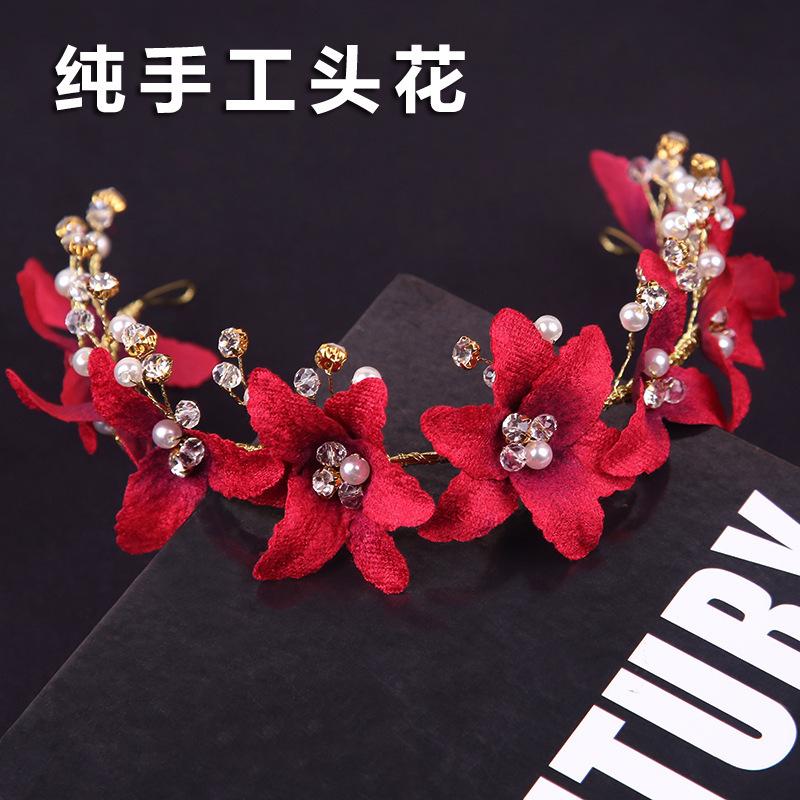 European and American Bridal Wedding Headwear Red Headband Handmade Hairband Women's Hair Accessories Crown Toast Clothing Accessories Performance Jewelry