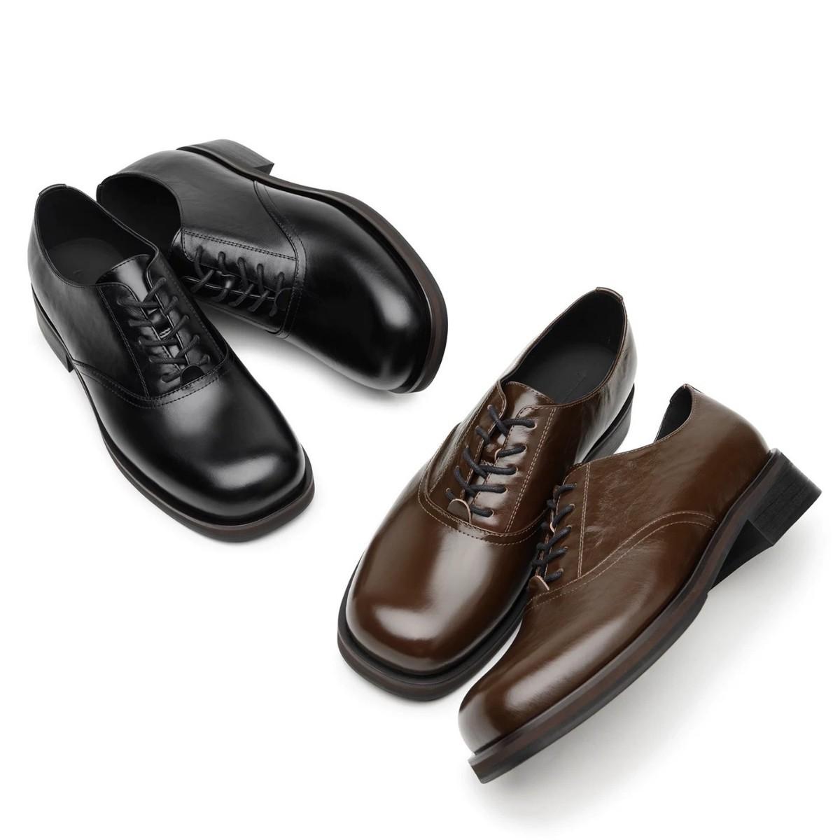 Derby Shoes Casual Leather Shoes Men's Square-Toe Derby Height-Increasing Leather Shoes Cleanfit Brown Horse Oil Leather Loafers