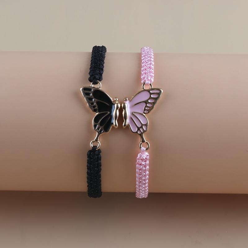 Bohemian Style Bracelet with Alloy Oil-Drip Butterfly Pendant, Adjustable Flat Knot Couple Bracelet, Butterfly Woven Bracelet
