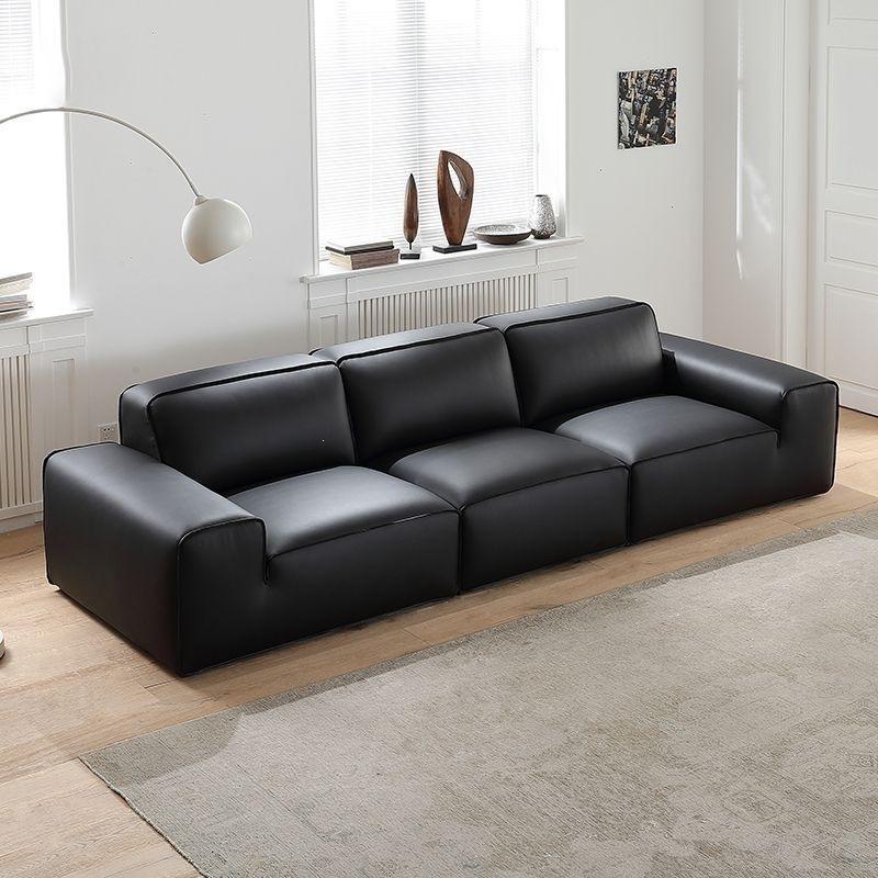 Black Leather Sofa with Cat-Scratch Protection for Living Room, Suitable for Large and Small Spaces, Straight-Line Design, Italian Modern Minimalist Style