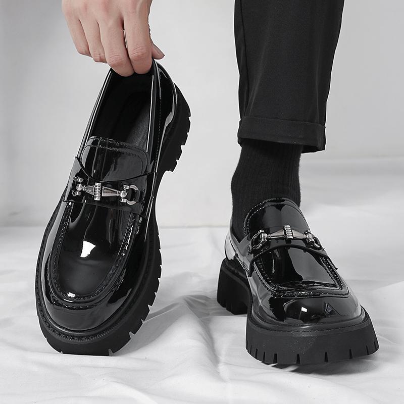 2025 New Style Thick-Soled Height-Increasing Men's Large Leather Shoes, Patent Leather Glossy Casual Chunky Heel Loafers, Hairstylist Trendy Shoes