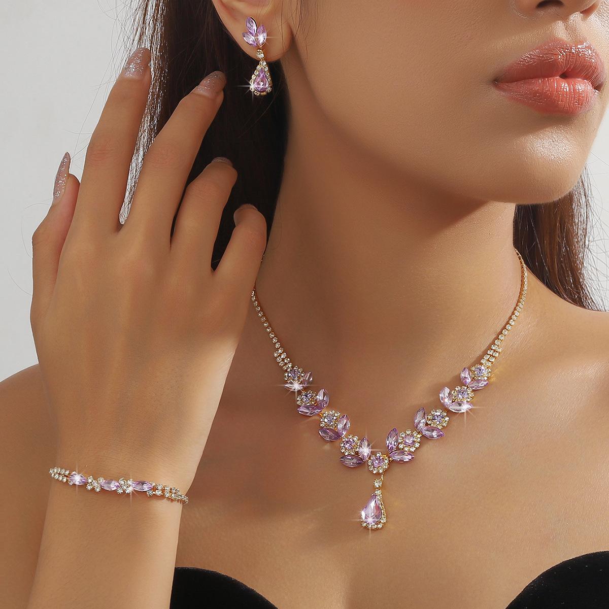 European and American Diamond Flower Necklace Earrings Jewelry Set New Bridal Wedding Accessories Evening Dress Banquet Jewelry for Women