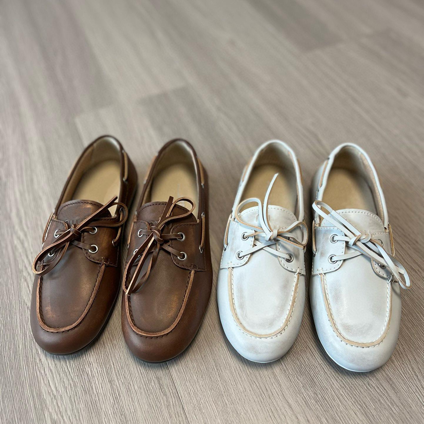 Calfskin ~ 25 New Retro Distressed Color-Washed Bow Comfortable Versatile Loafers Flat Shoes Boat Shoes