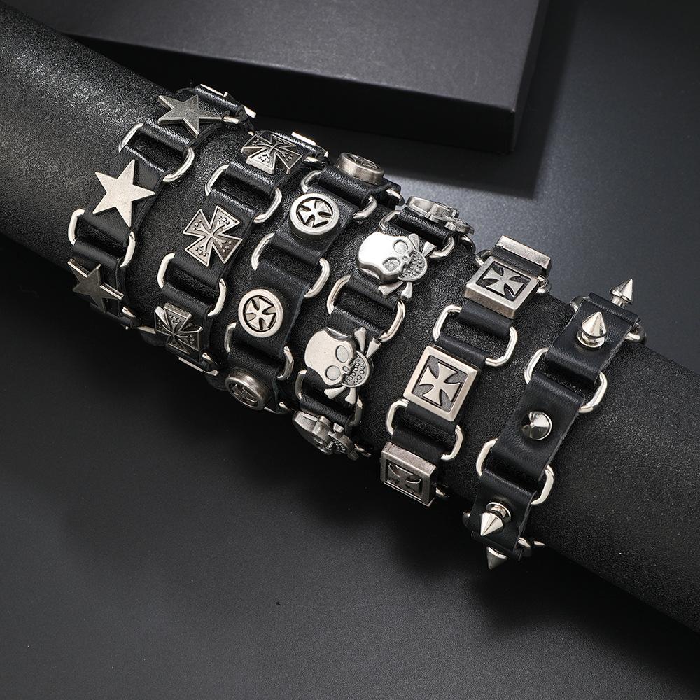 Handmade Leather Skull Rivet Bracelet, Punk Style, Adjustable Men's Motorcycle Bracelet, Personalized Chain, Cross-Border Wholesale